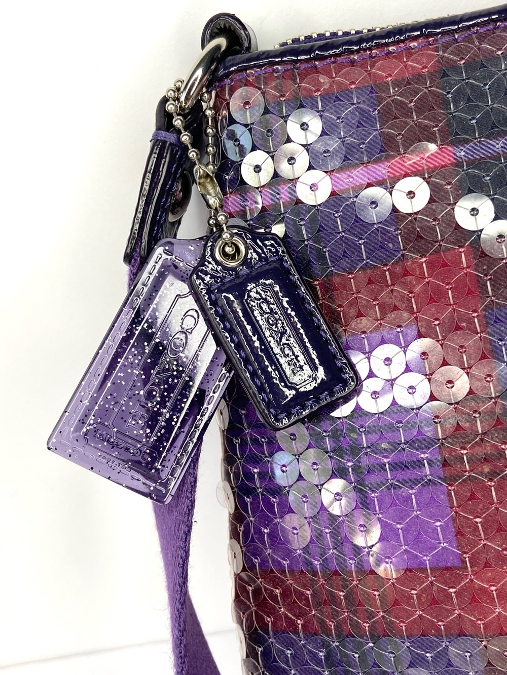 COACH POPPY Y2K EUC small  Purple Sequin Crossbody Plaid Accent bag - Picture 5 of 15